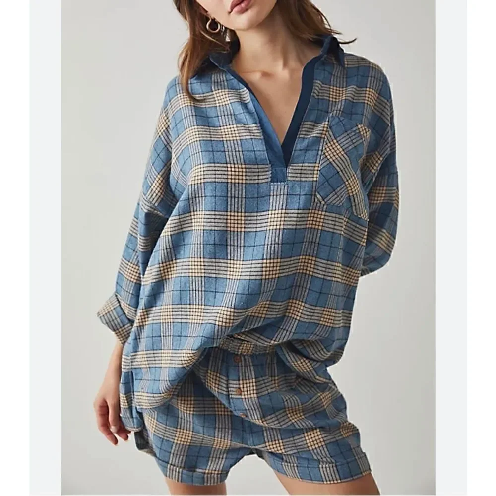 Free people Sunday morning sleep shirt sapphire blue plaid small new